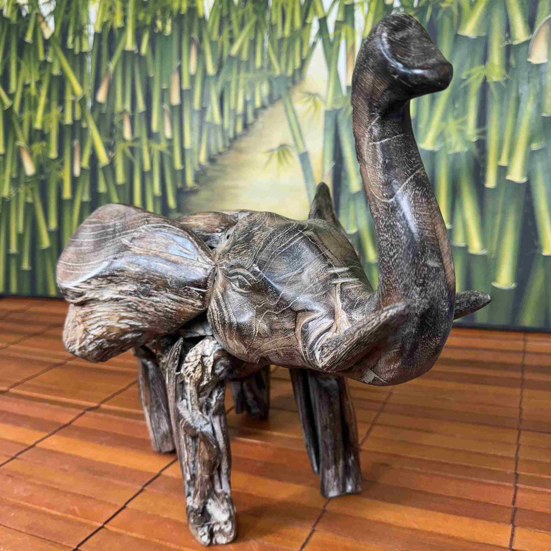 Elefante Lascas Esculpidas em Madeira Patinada Marrom - IndoBali