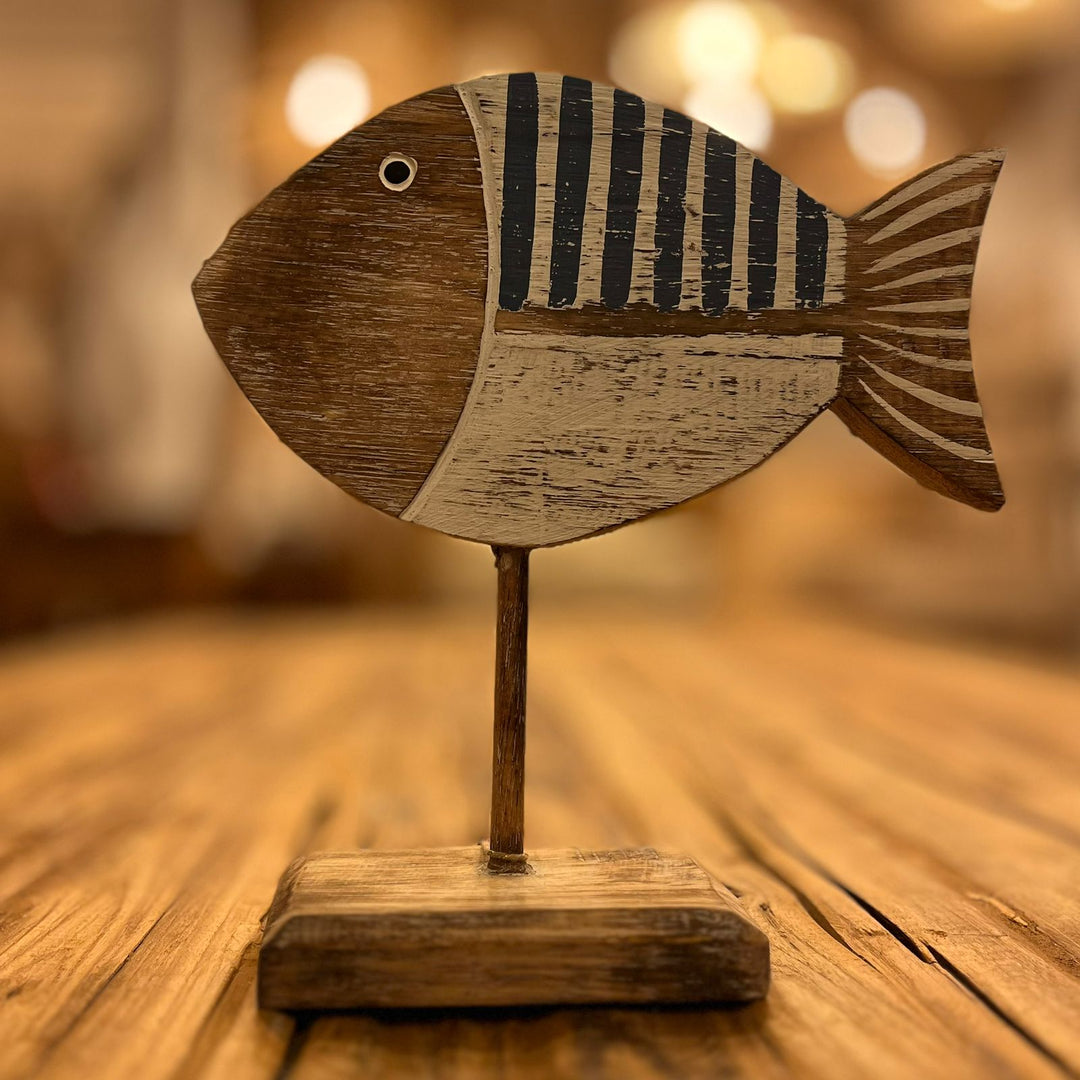 Peixe de Madeira Listrado - Azul Escuro 27x9 cm - IndoBali