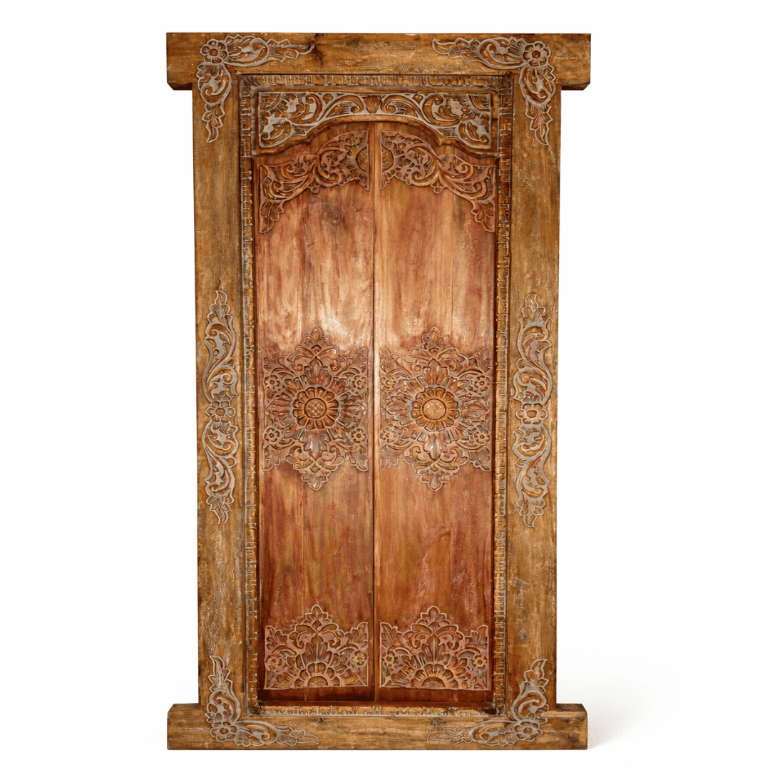 Porta Portal de Madeira Teca de Demolição Entalhada - 100x220 cm