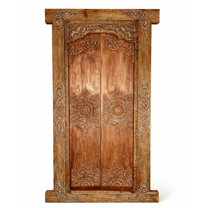 Porta Portal de Madeira Teca de Demolição Entalhada - 100x220 cm