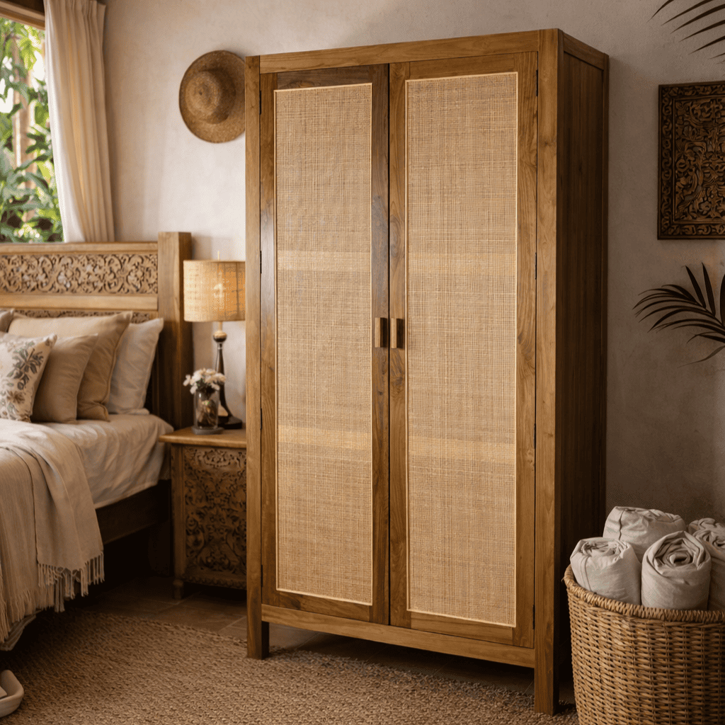 Armário Guarda Roupa de Madeira com Rattan Fino - 2 Portas