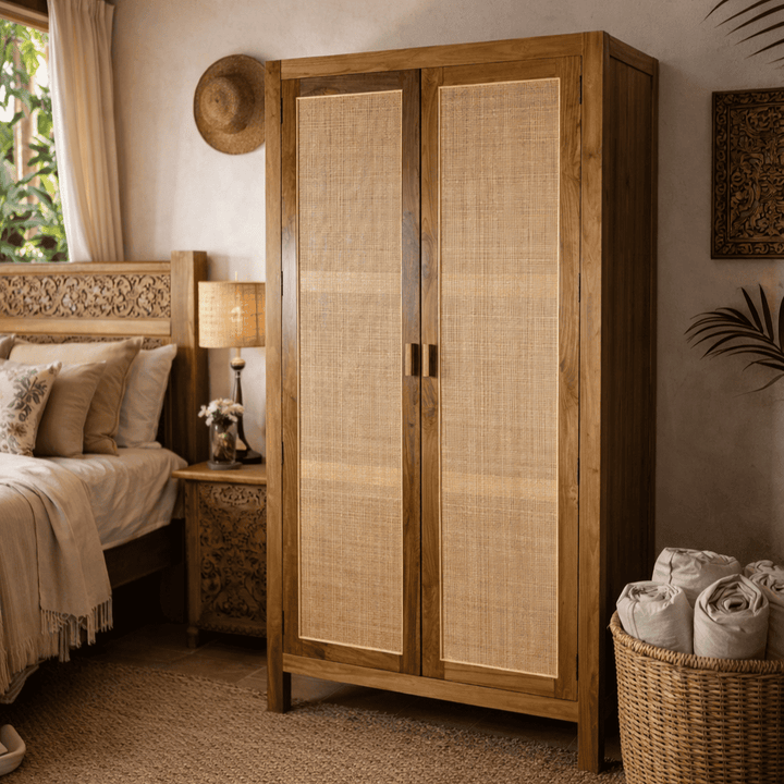 Armário Guarda Roupa de Madeira com Rattan Fino - 2 Portas