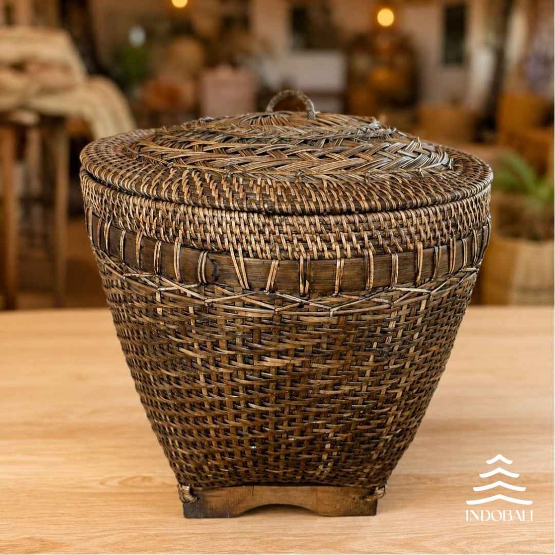 Cesta de Rattan e Bambu com Tampa - Marrom Escuro