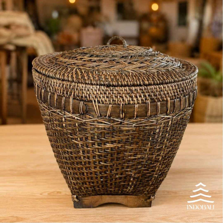 Cesta de Rattan e Bambu com Tampa - Marrom Escuro