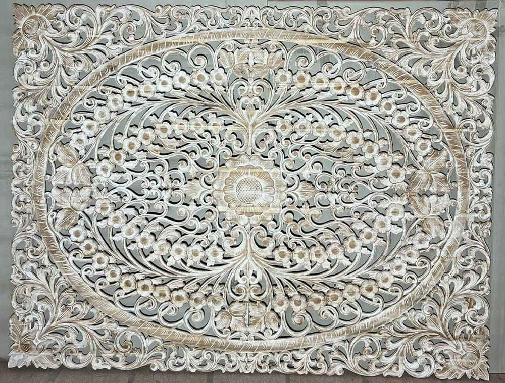 Painel de Mandalas Entalhado em Madeira Teca - Patinado Branco 160x200cm