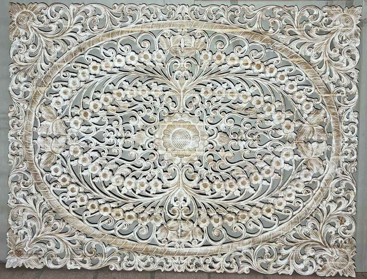 Painel de Mandalas Entalhado em Madeira Teca - Patinado Branco 160x200cm
