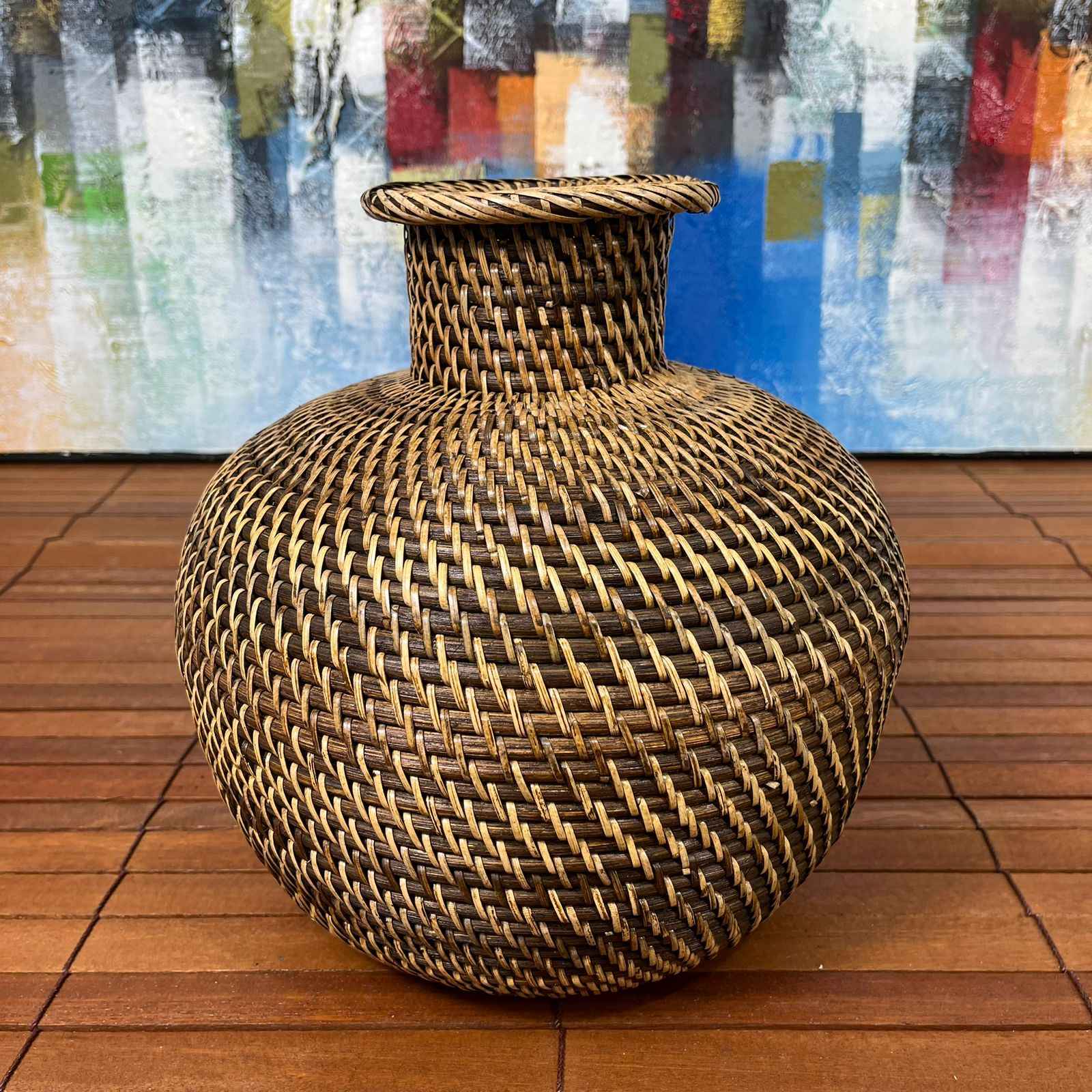 Vaso Redondo de Rattan - Marrom Mostarda - IndoBali