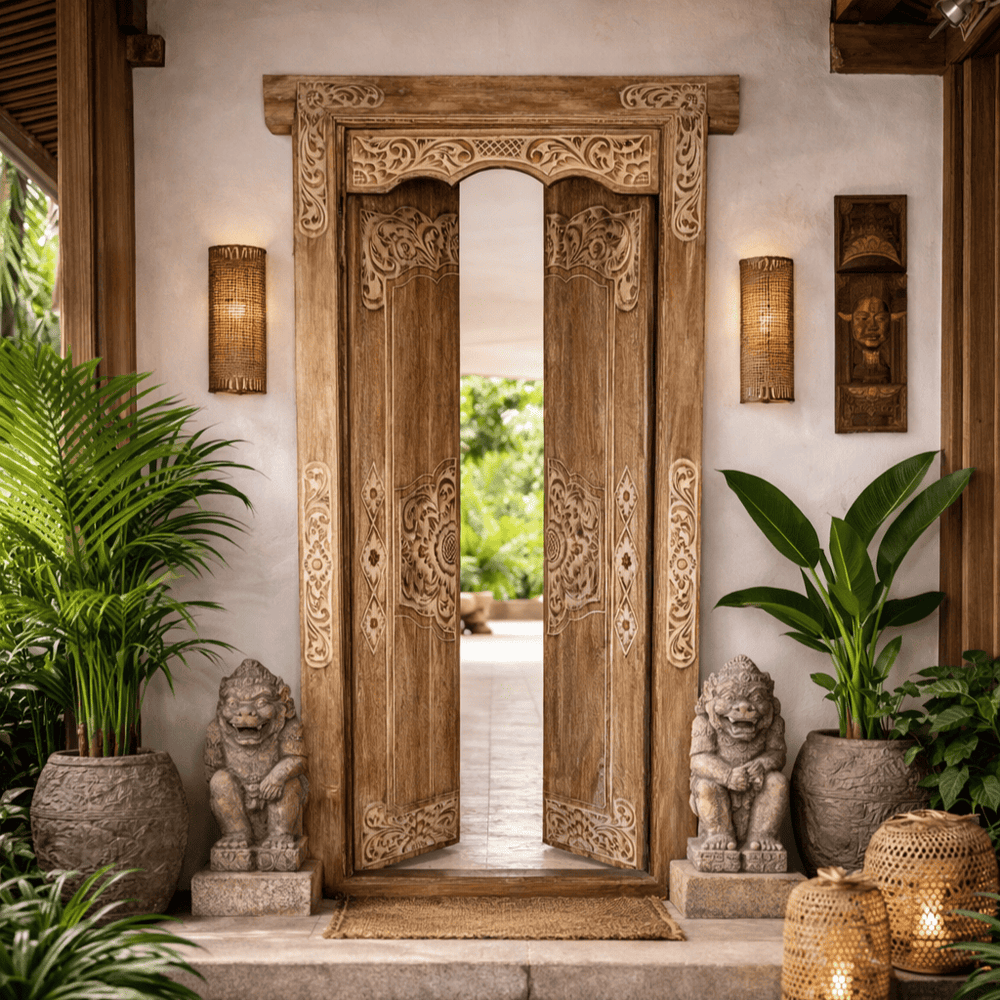 Porta Portal de Madeira Teca Entalhada - Mandala Central 100x230 cm