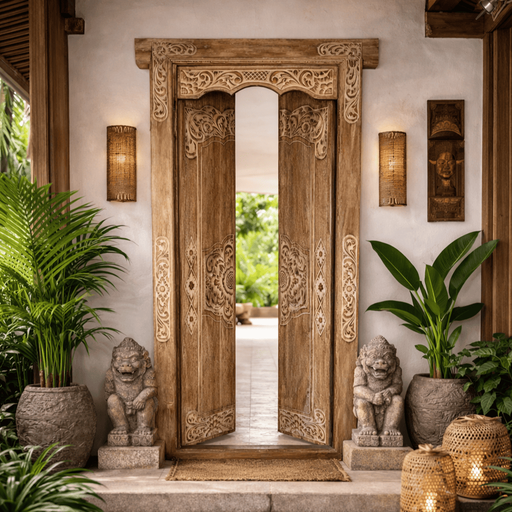 Porta Portal de Madeira Teca Entalhada - Mandala Central 100x230 cm