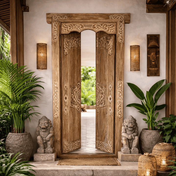 Porta Portal de Madeira Teca Entalhada - Mandala Central 100x230 cm