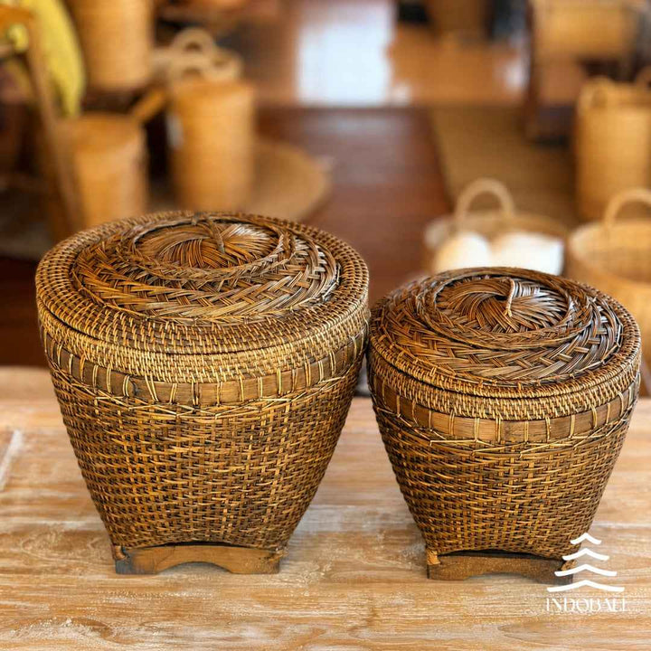 Cesta de Rattan e Bambu com Tampa - Marrom Escuro