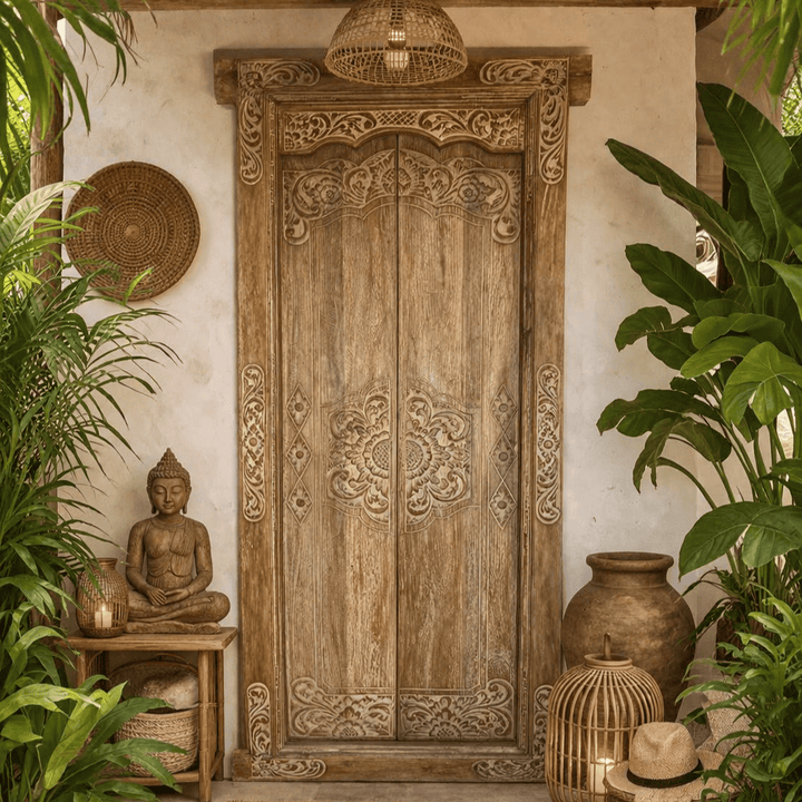 Porta Portal de Madeira Teca Entalhada - Mandala Central 100x230 cm