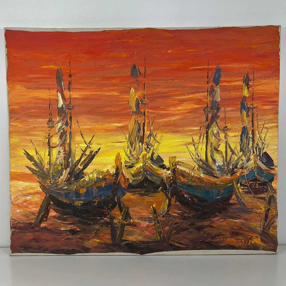 Quadro Balines Pintura em Tela - Barcos na Areia Laranja 120x100cm