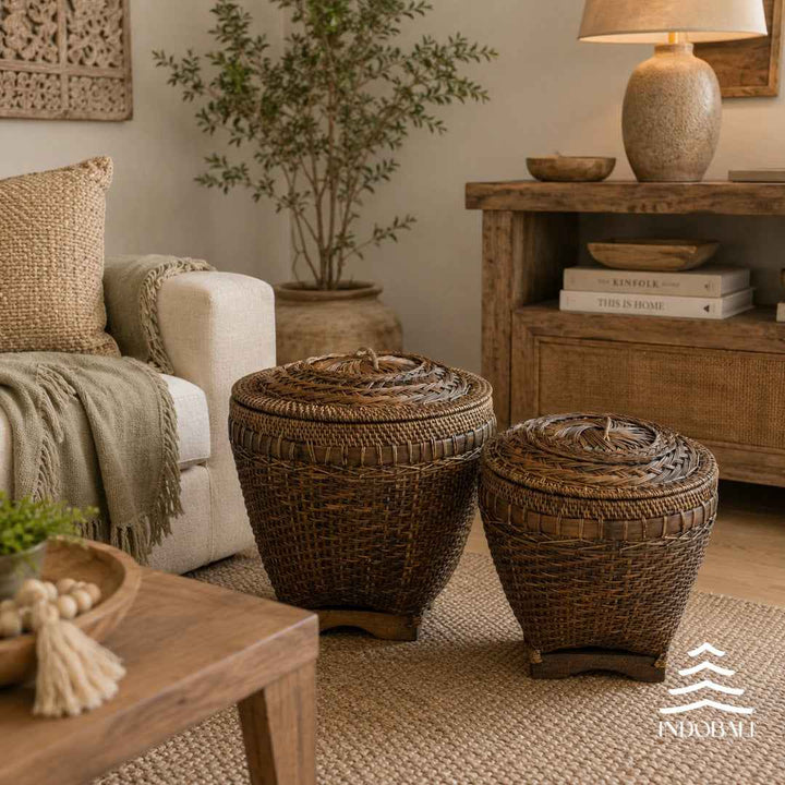 Cesta de Rattan e Bambu com Tampa - Marrom Escuro