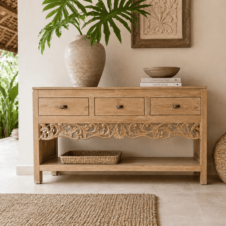 Rack Buffet de Madeira Teca Entalhada - 150X40X80 cm