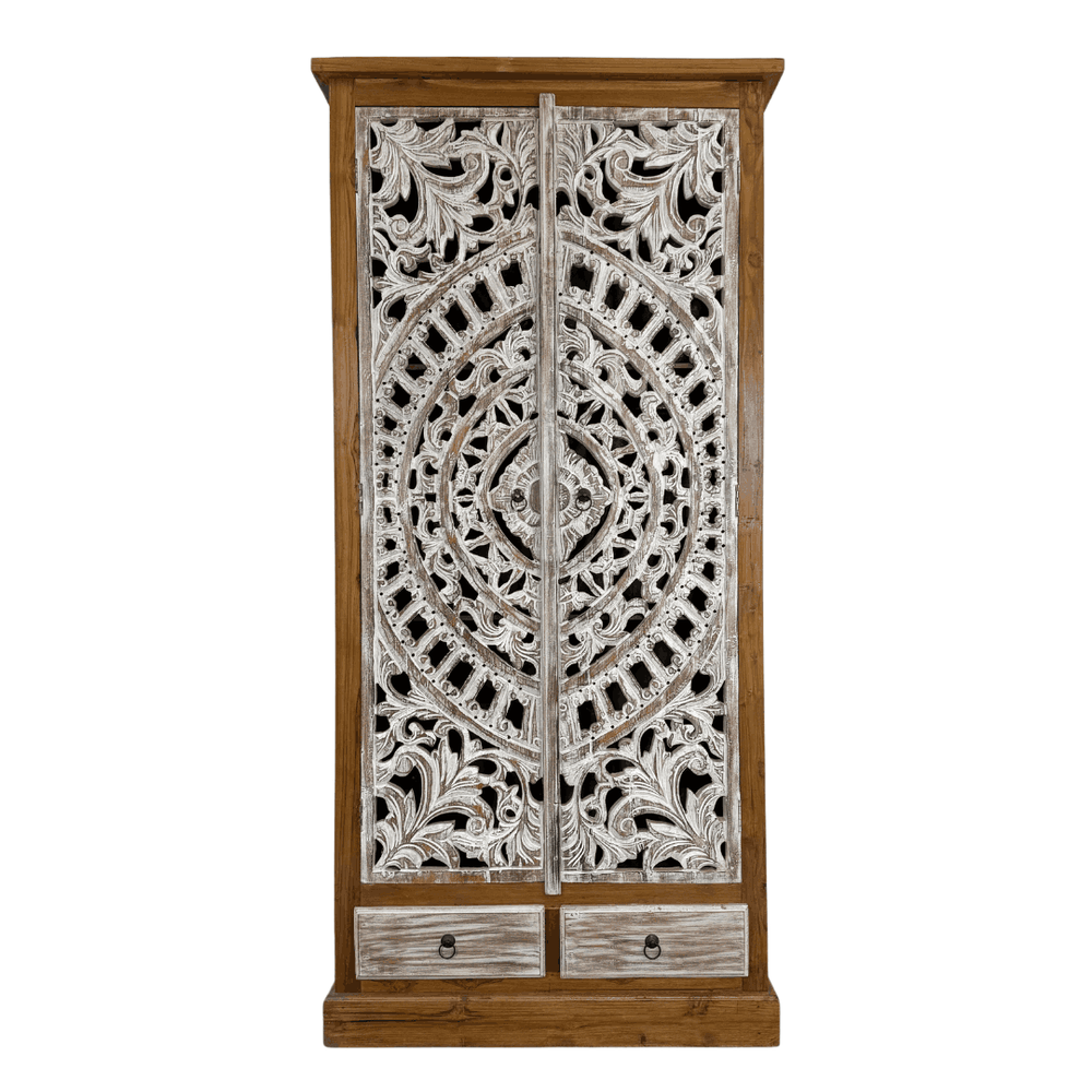 Armário 2 Portas de Madeira - Mandala Branco Patinado Entalhado