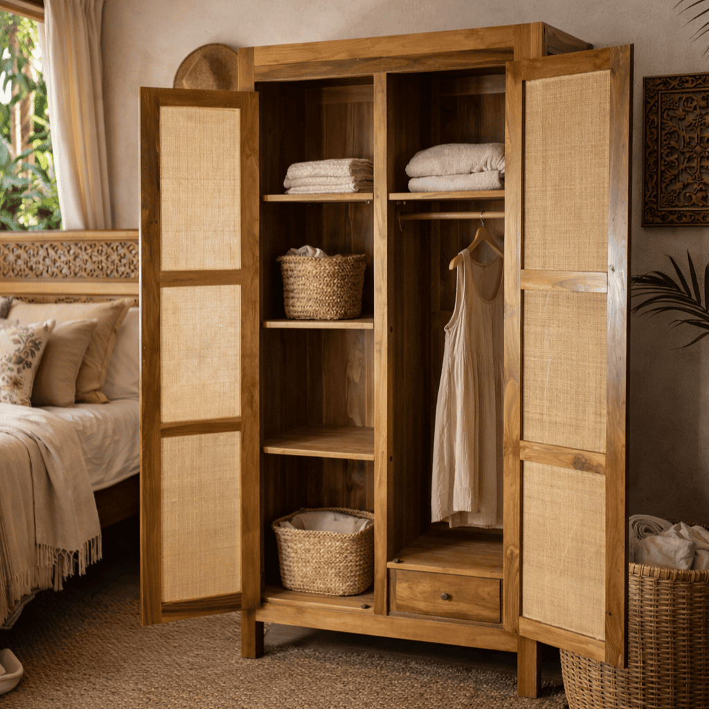 Armário Guarda Roupa de Madeira com Rattan Fino - 2 Portas
