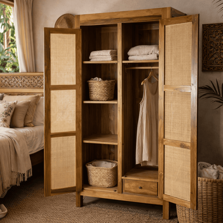 Armário Guarda Roupa de Madeira com Rattan Fino - 2 Portas