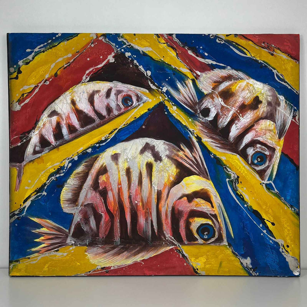 Quadro Balinês Pintura em Tela - 3 Peixes 120x100 cm