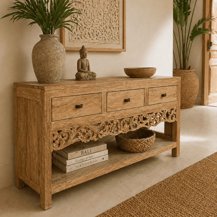 Rack Buffet de Madeira Teca Entalhada - 150X40X80 cm