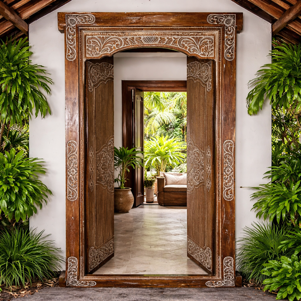 Porta Portal de Madeira Teca Entalhada 1,2 x 2,5 m
