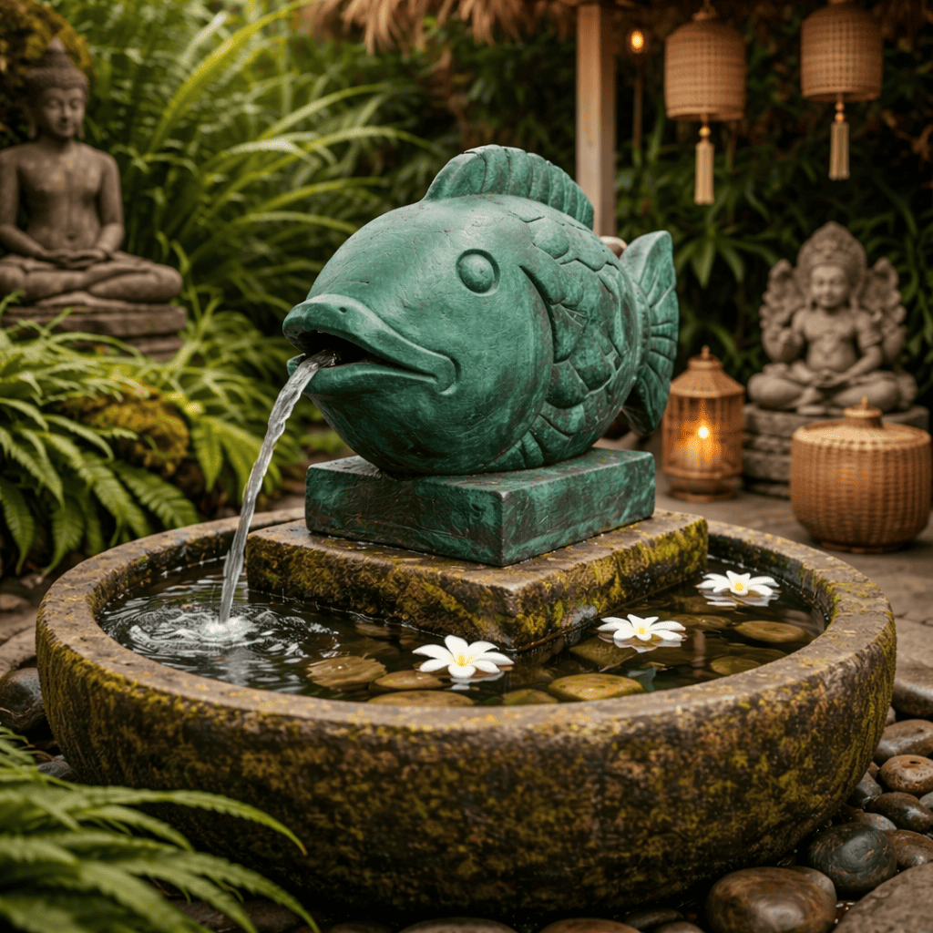 Fonte de água em Concreto Peixe Verde 52x40x23 cm