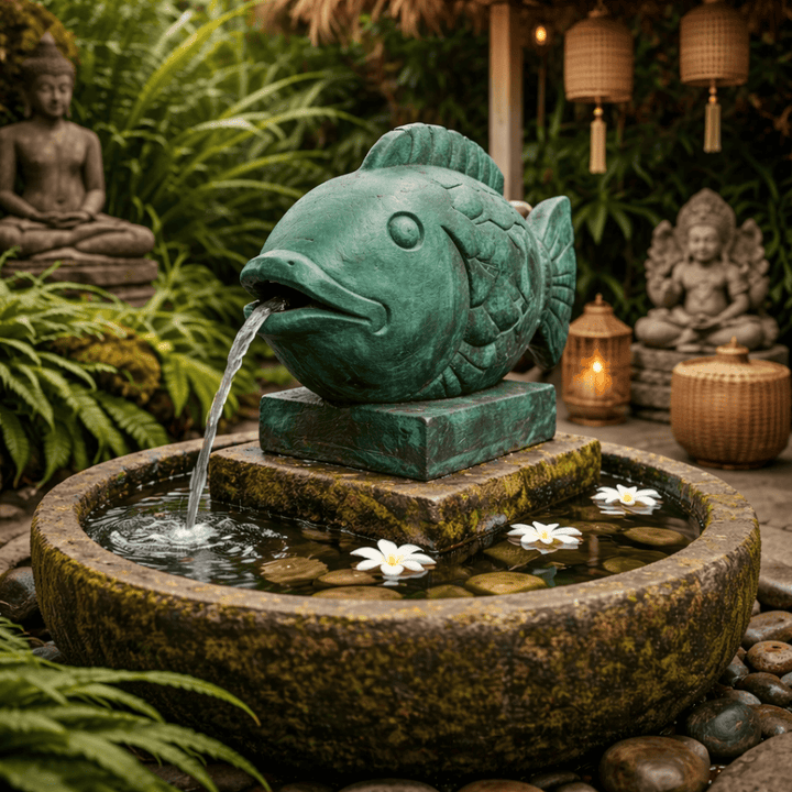 Fonte de água em Concreto Peixe Verde 52x40x23 cm