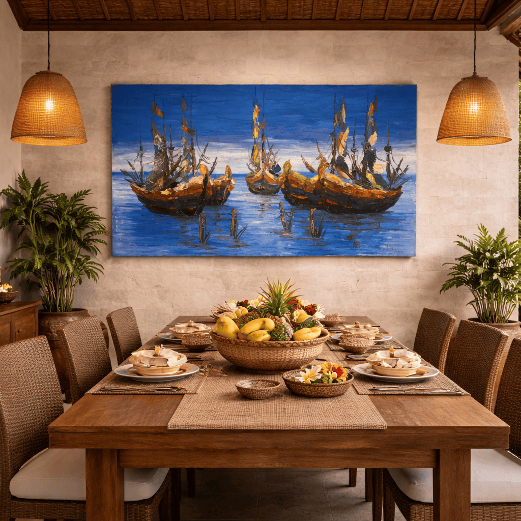 Quadro Balines Pintura em Tela - Naútico Azul 135x85 cm