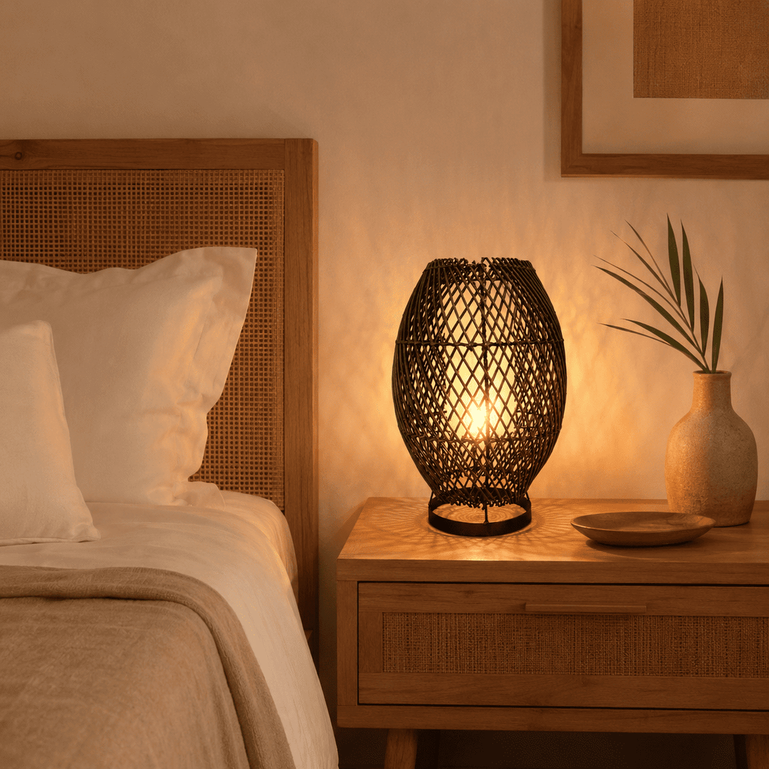Luminária de Mesa em Rattan Preto com base Metálica Circular
