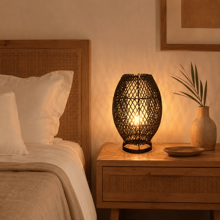 Luminária de Mesa em Rattan Preto com base Metálica Circular