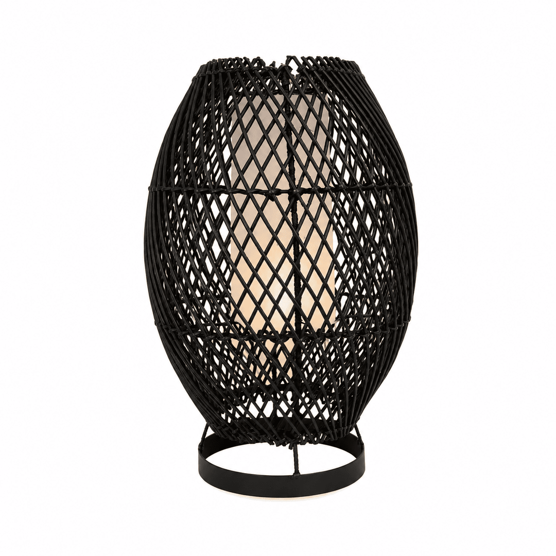 Luminária de Mesa em Rattan Preto com base Metálica Circular