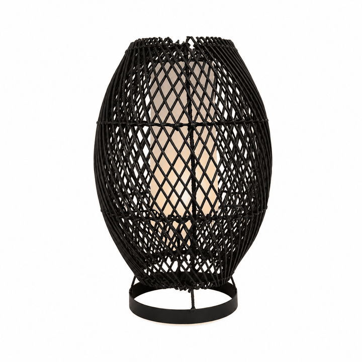 Luminária de Mesa em Rattan Preto com base Metálica Circular