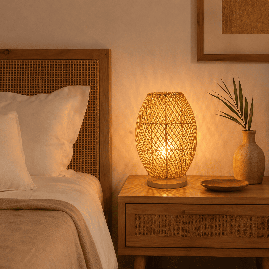 Luminária de Mesa em Rattan com base Metálica Circular