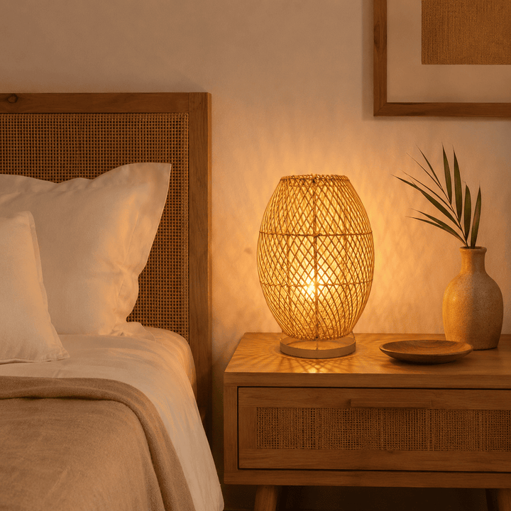 Luminária de Mesa em Rattan com base Metálica Circular