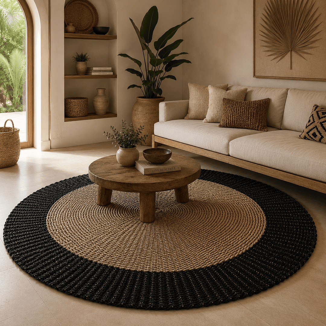 Tapete Circular Seagrass Preto com Bege