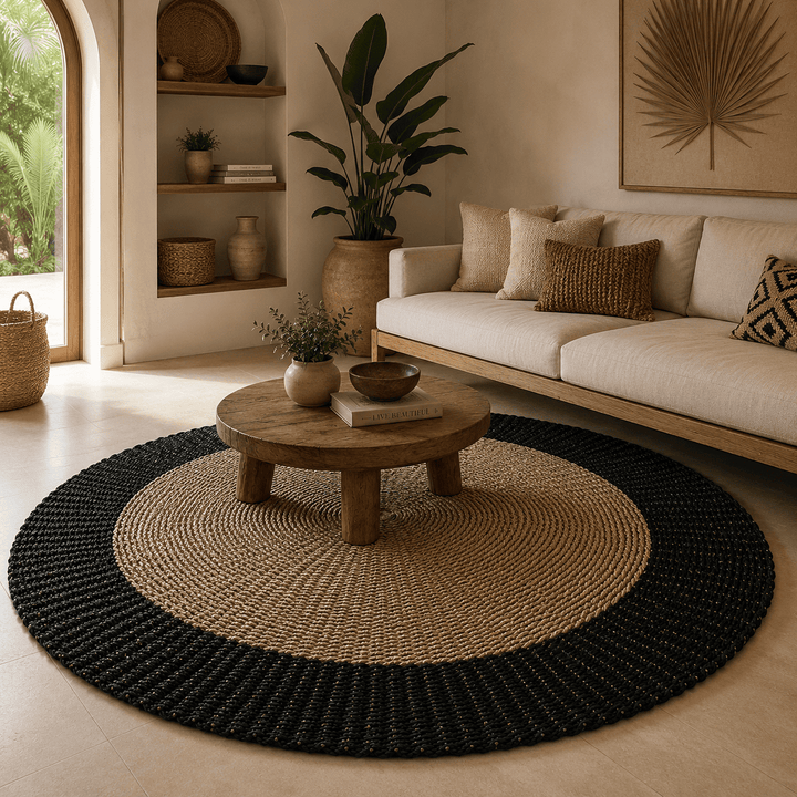 Tapete Circular Seagrass Preto com Bege