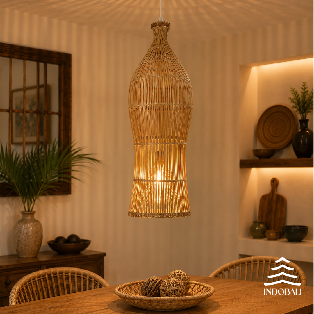 Luminária comprida Bambu Asiático Java Branco Patinado