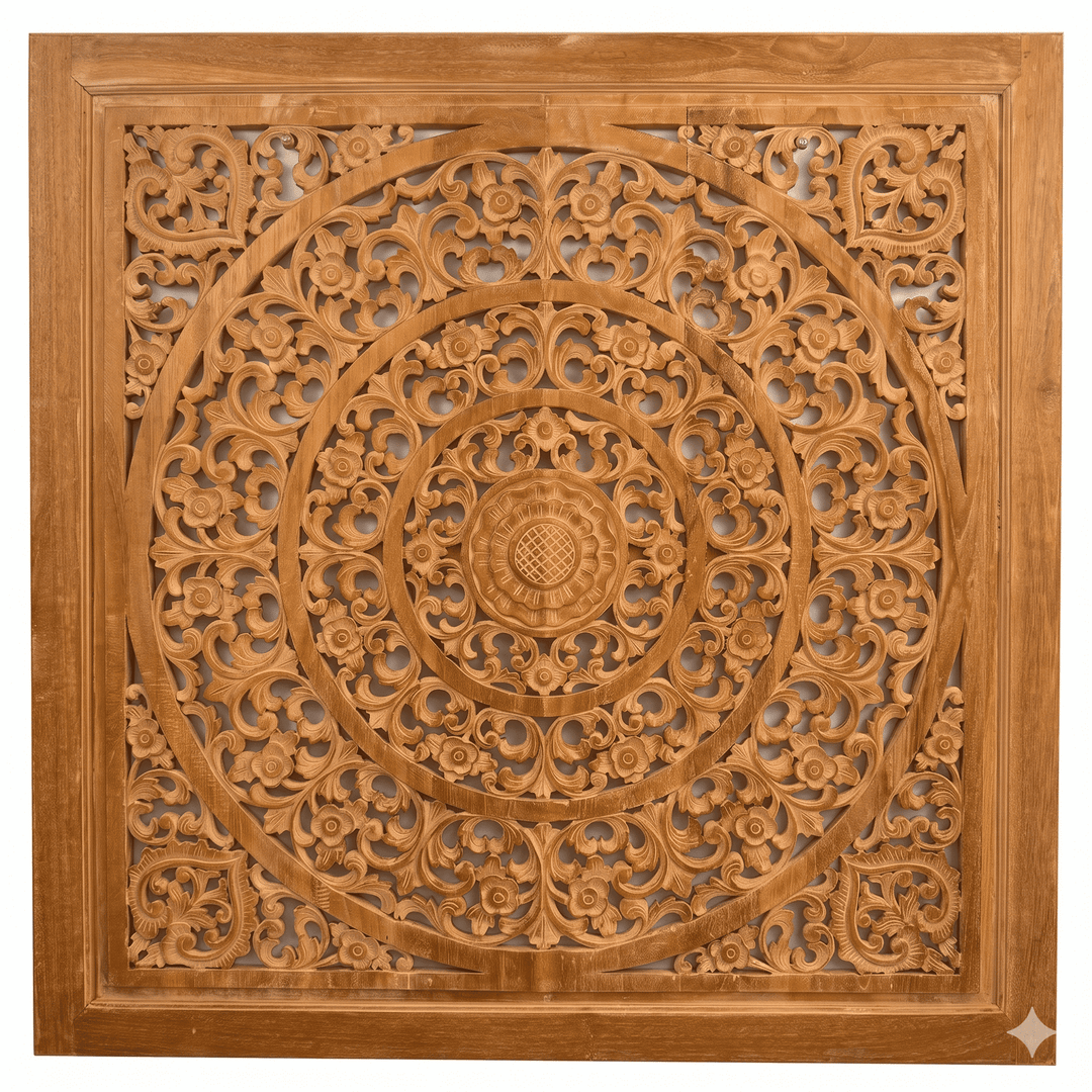 Painel Entalhado em Madeira Teca: Flores 1,00x1,00 m