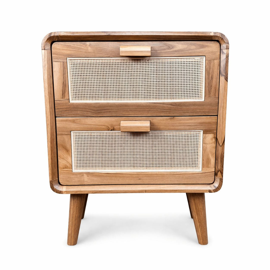 Mesa de Cabeceira Madeira Teca com 2 Gavetas Tela Rattan
