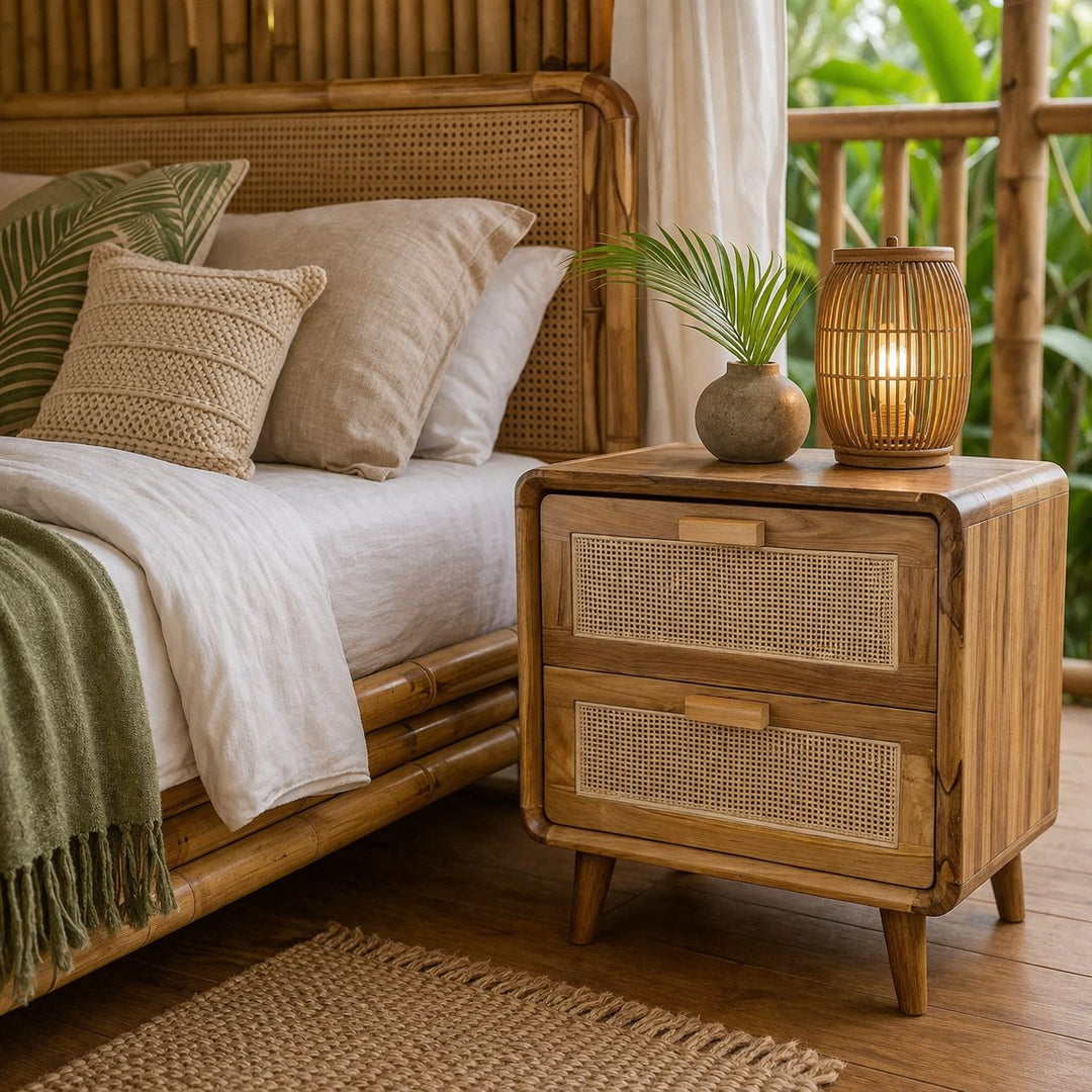 Mesa de Cabeceira Madeira Teca com 2 Gavetas Tela Rattan
