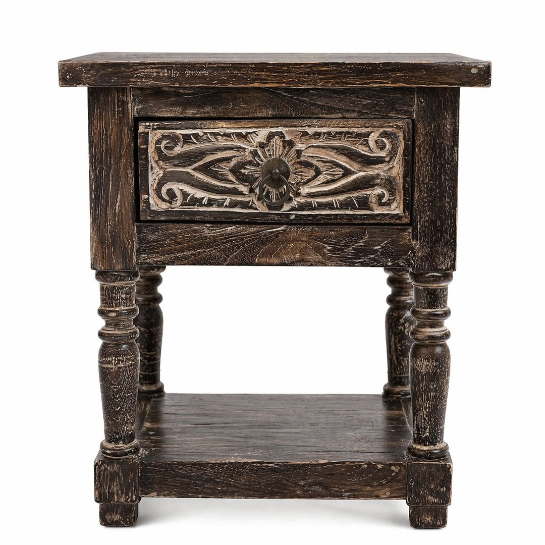 Mesa de Cabeceira Preta Prateleira e Gaveta - Madeira Teca