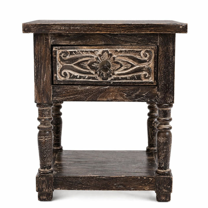 Mesa de Cabeceira Preta Prateleira e Gaveta - Madeira Teca