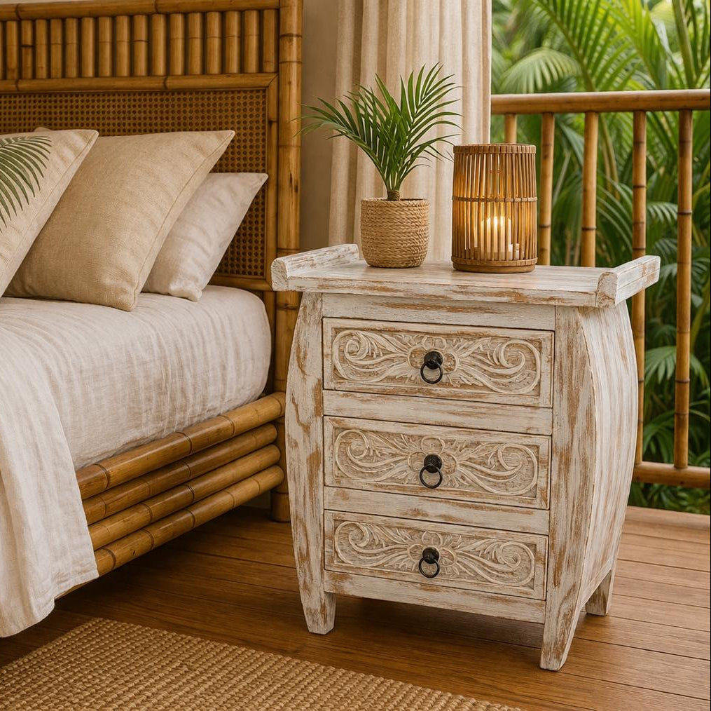 Mesa de Cabeceira de Madeira Teca 3 Gavetas - Branco
