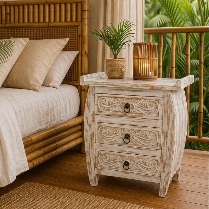 Mesa de Cabeceira de Madeira Teca 3 Gavetas - Branco