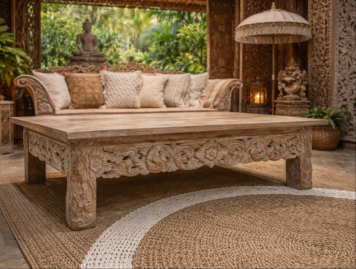 Mesa de Centro Teca Entalhada Retangular 140x70x48 cm - Branco Patinado