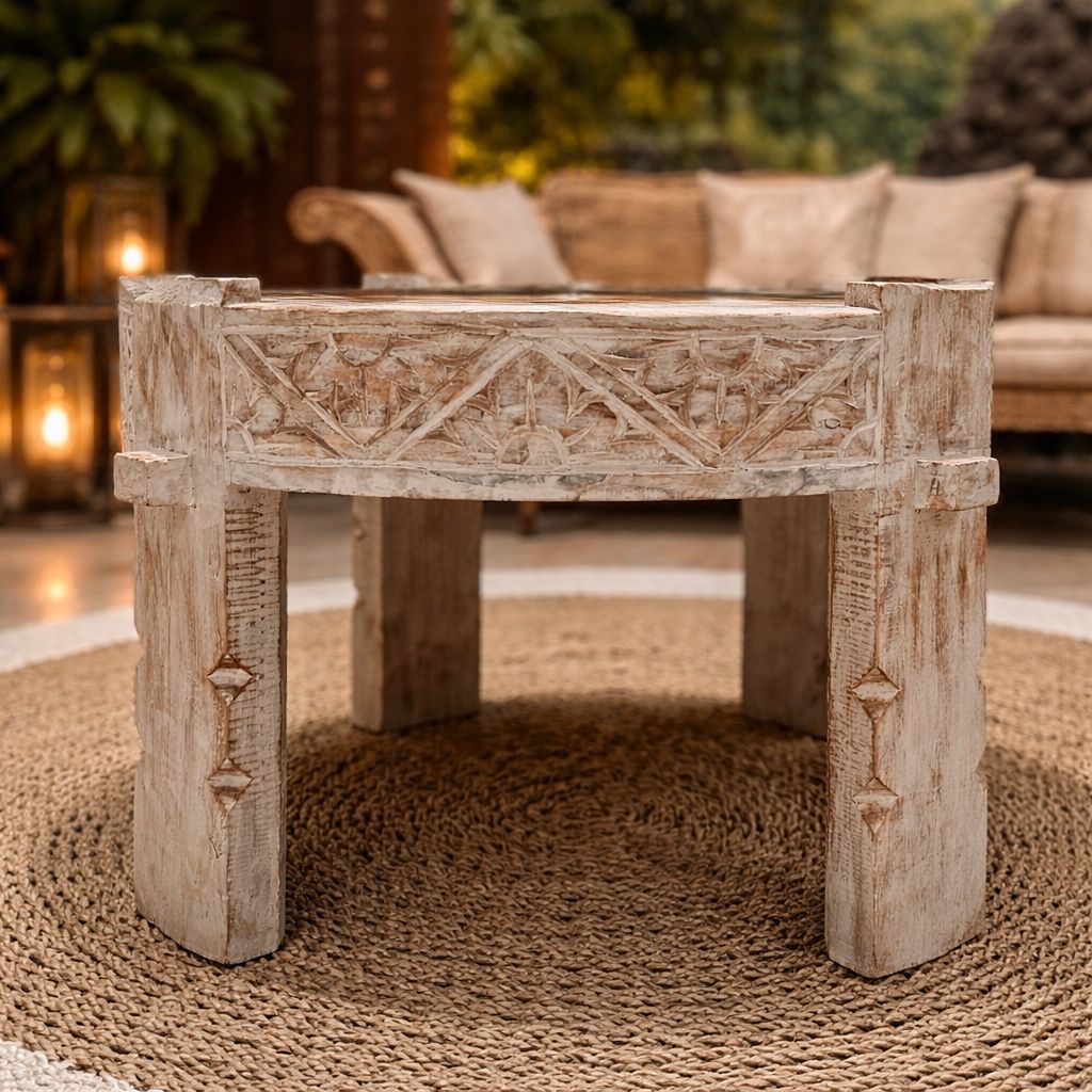 Mesa de Canto Timor Redonda de Madeira Teca Branco Patinado