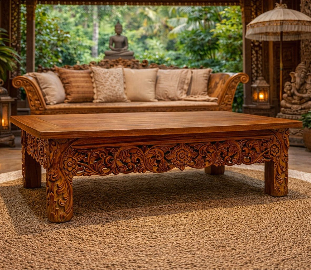 Mesa de Centro Teca Entalhada Retangular 140x70x48 cm - Verniz