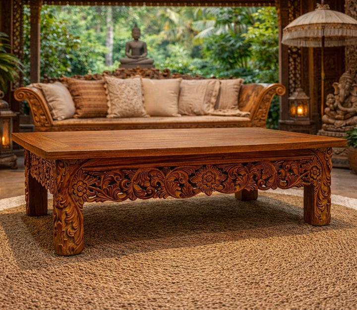 Mesa de Centro Teca Entalhada Retangular 140x70x48 cm - Verniz