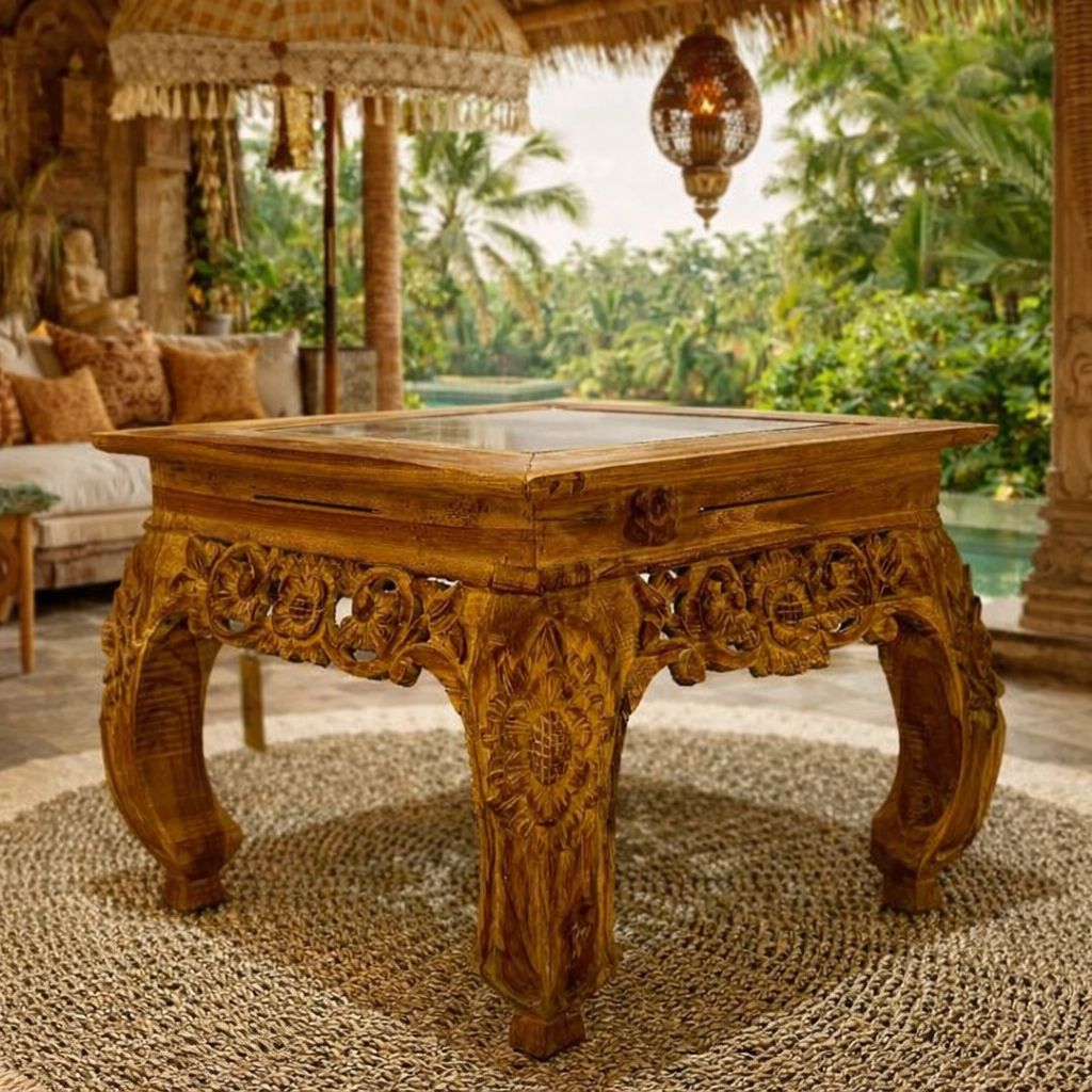 Mesa de canto esculpida em madeira 50x50 cor natural