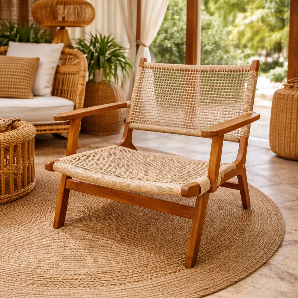 Cadeira Descanso de Madeira Teca com Apoio e Rattan Sintético